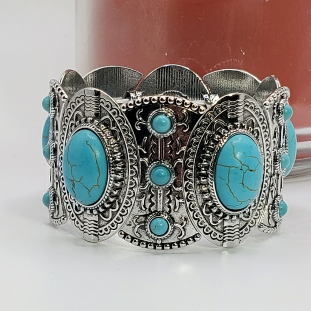 NEW Silver and Turquoise Stretch Bangle Bohemian Bracelet